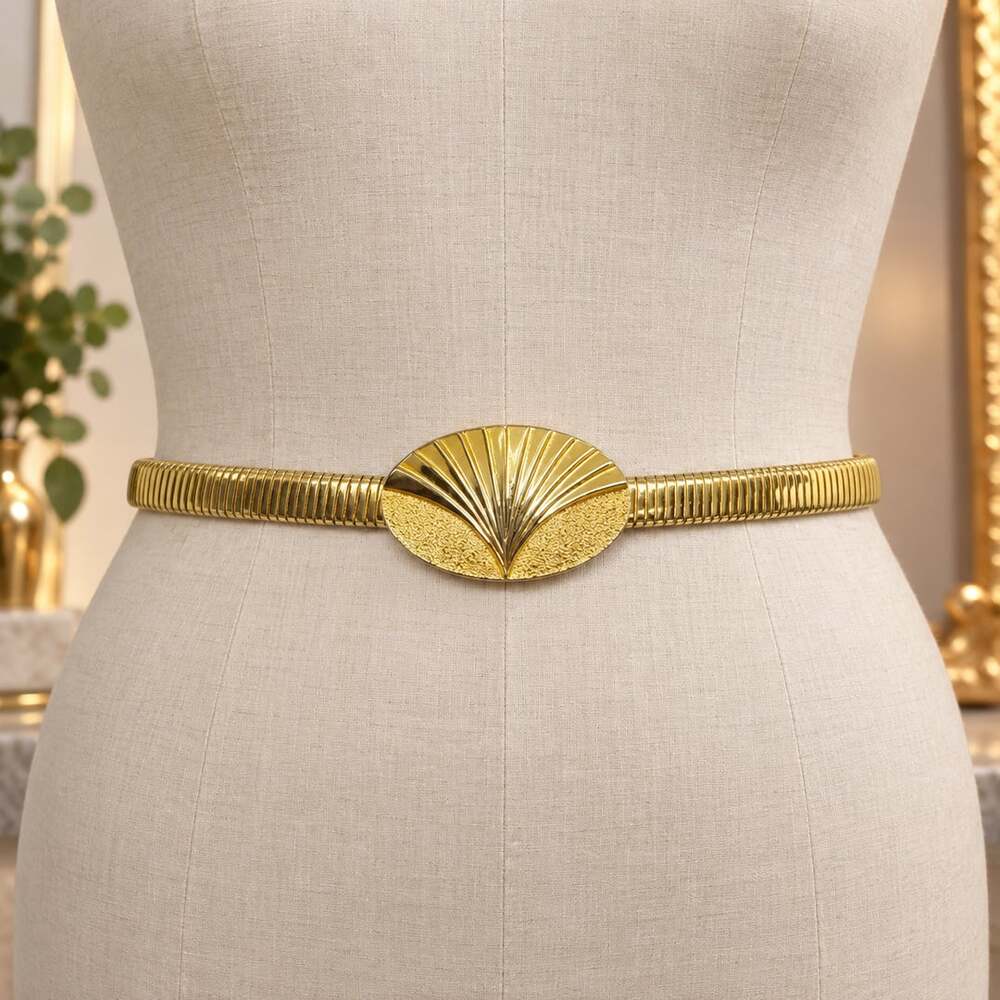 Vtg Gold Tone Stretch Snake Coil Belt Art Deco Shell Buckle 80s Retro Grannycore